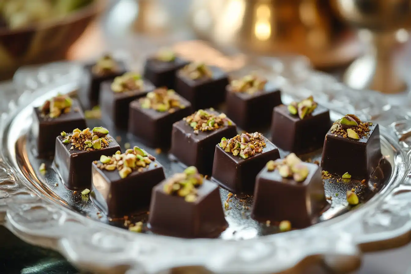 An elegant serving of Dubai chocolates arranged on a silver tray, topped with chopped pistachios.