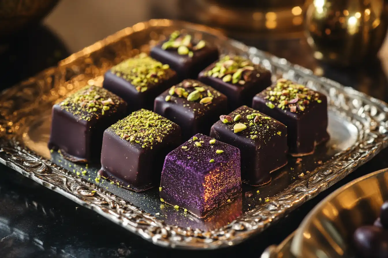 An elegant serving of Dubai chocolates, beautifully arranged on a silver tray, topped with crushed pistachios and shimmering decorative accents.