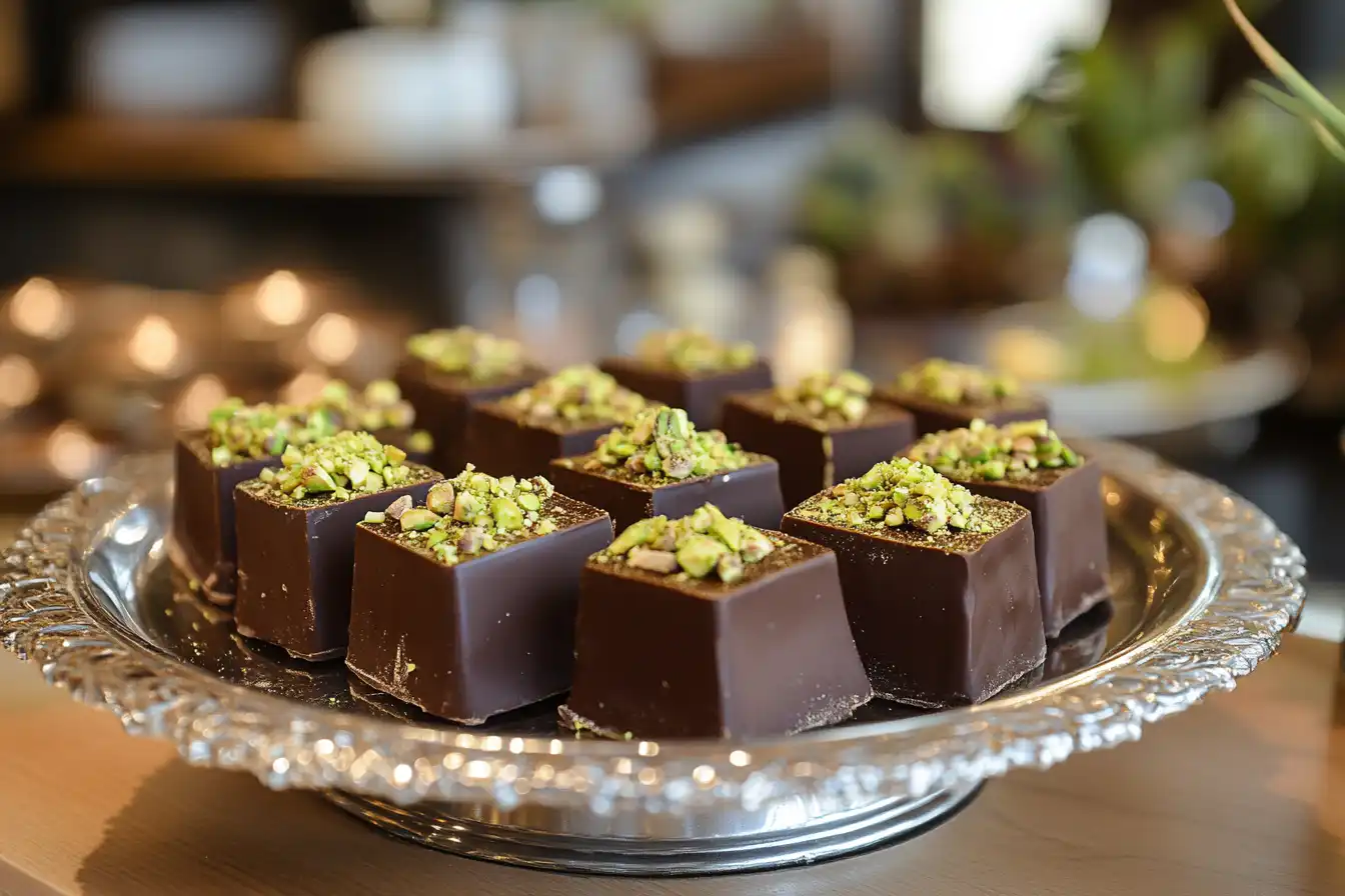 Luxurious pistachio-topped Dubai chocolates arranged on an ornate silver platter, blending rich flavors and elegant presentation.