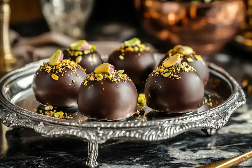 Elegant Dubai chocolate balls topped with crushed pistachios served on a silver tray with a luxurious background