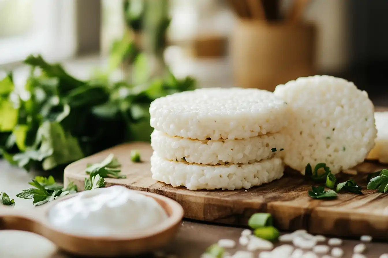 Stack of plain rice cakes on a wooden cutting board with fresh herbs and yogurt in the foreground