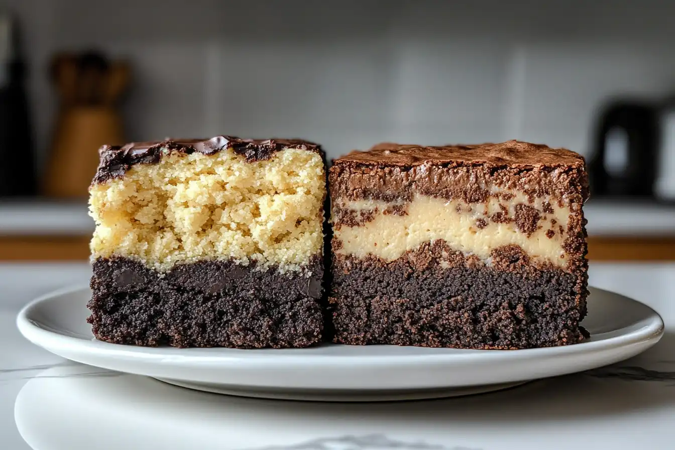 A side-by-side comparison of a blondie and a brookie, showing their distinct layers of dessert. The blondie features a golden, buttery layer on top of a brownie base, while the brookie has a marbled cookie dough and brownie combination.
