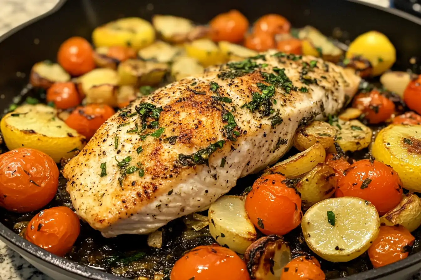 Pan-seared fish fillet garnished with fresh herbs, served alongside roasted cherry tomatoes, golden potatoes, and lemon slices in a skillet.