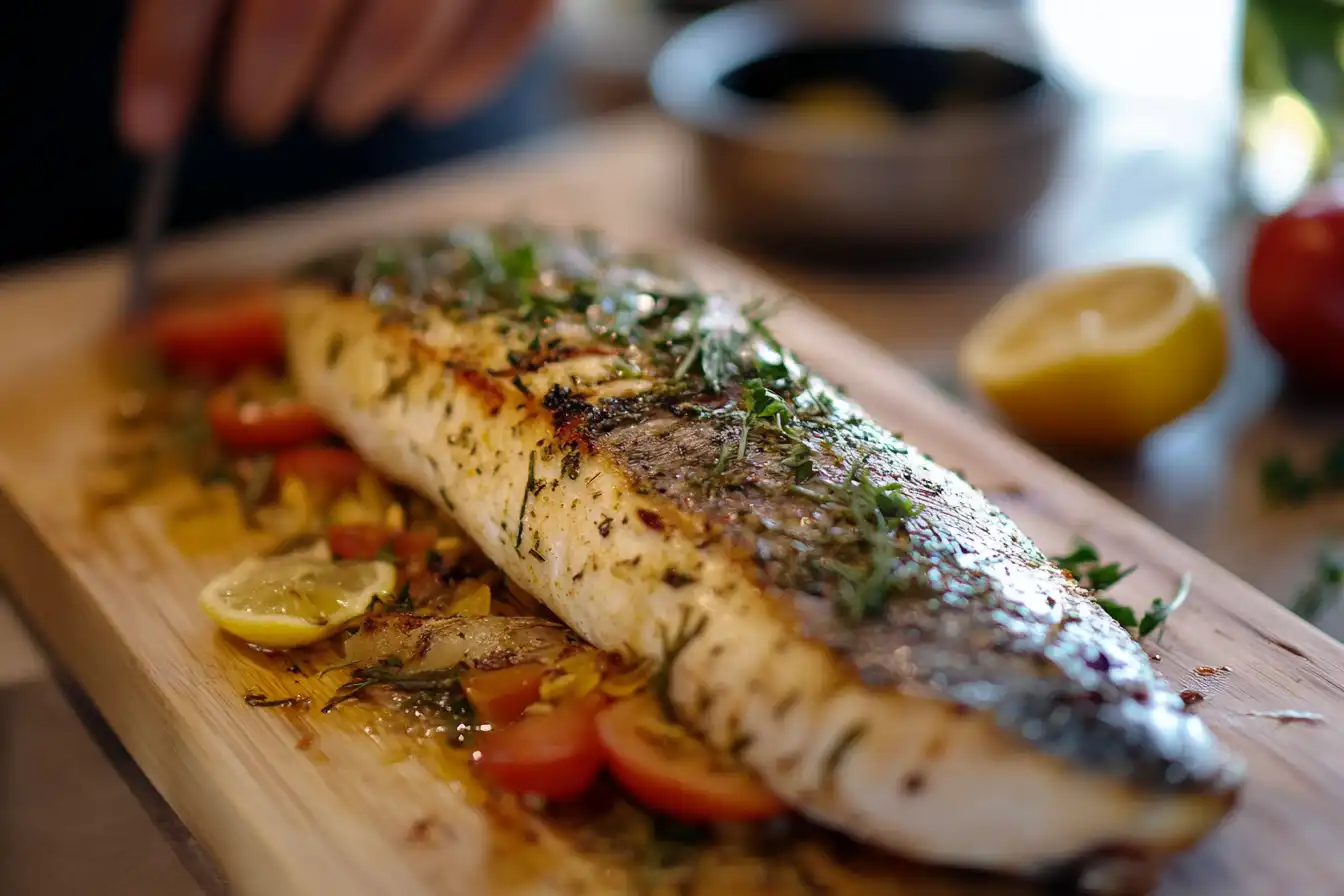 A whole roasted fish, seasoned with fresh herbs and served on a wooden board with cherry tomatoes, lemon slices, and a garnish of herbs.