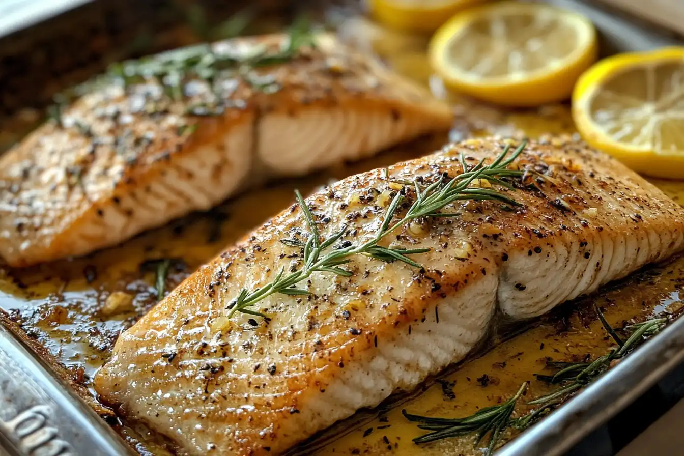 Two perfectly cooked salmon fillets garnished with fresh rosemary, served with lemon slices on a baking tray, drizzled with a light buttery sauce.