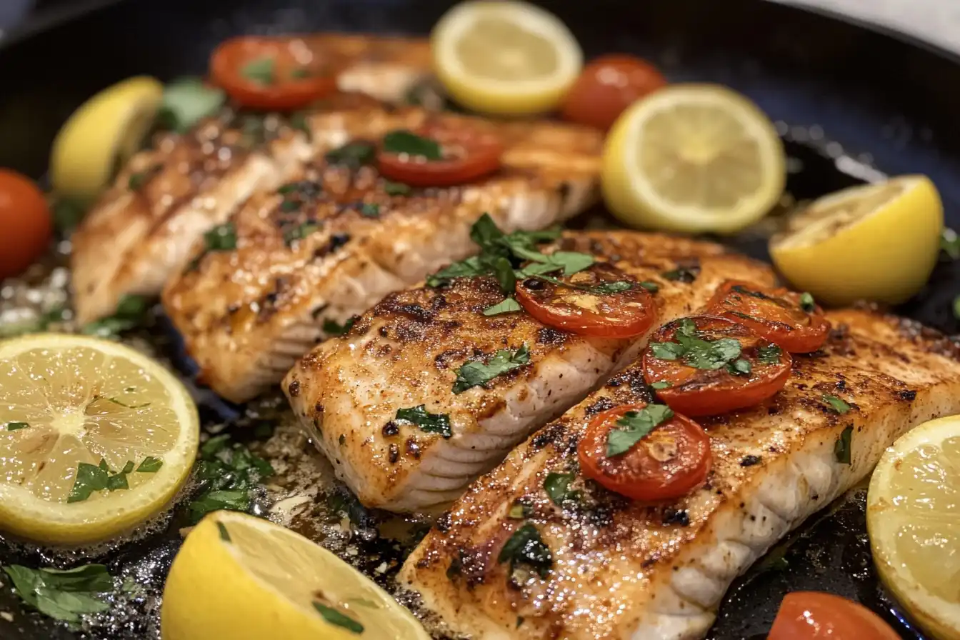 Pan-seared salmon fillets garnished with fresh herbs and roasted cherry tomatoes, surrounded by lemon wedges in a skillet.