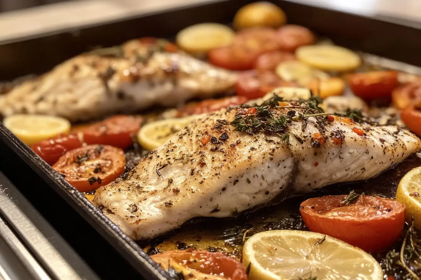 Two baked fish fillets garnished with fresh herbs and chili flakes, served with roasted tomatoes and lemon slices on a baking sheet.
