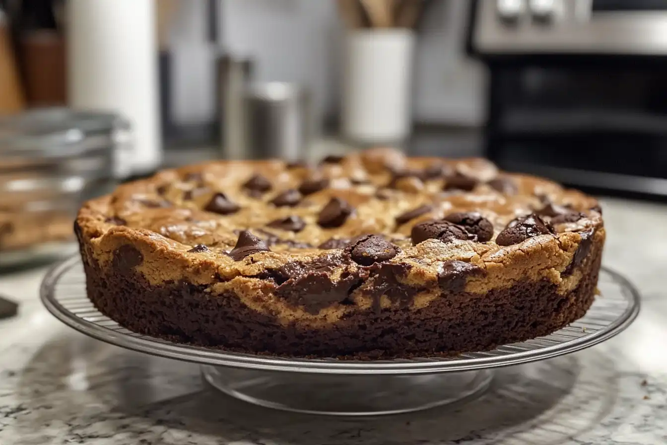 A close-up image of a round brookie, a dessert combining a thick brownie base with a cookie dough topping, studded with chocolate chips, displayed on a glass stand in a kitchen setting.