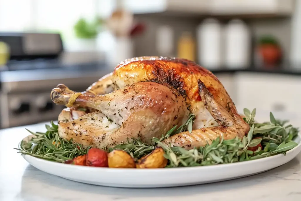 Perfectly roasted rotisserie chicken on a white platter with fresh herbs and roasted vegetables in a cozy kitchen setting.