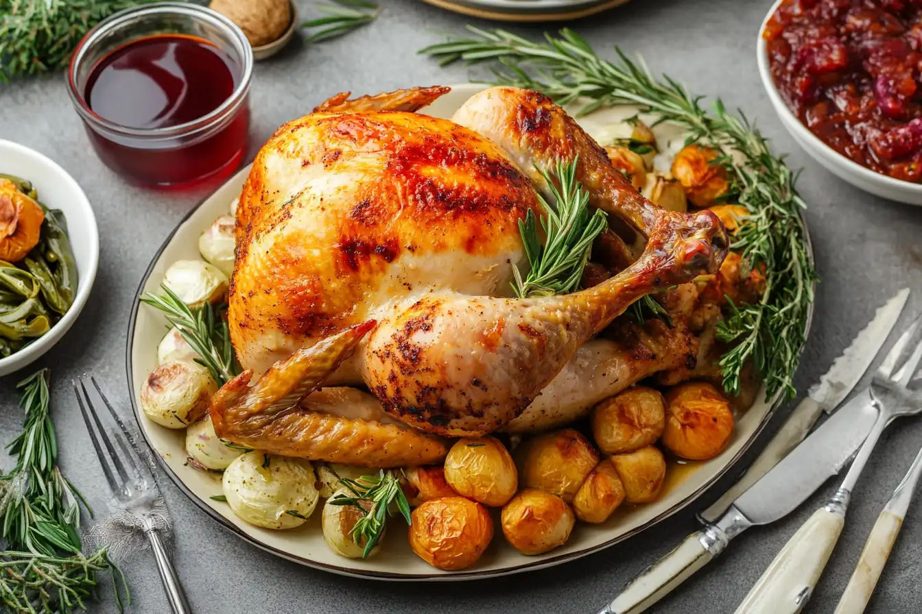 A perfectly cooked rotisserie chicken surrounded by roasted vegetables and fresh rosemary on a platter, with sides and drinks in the background.