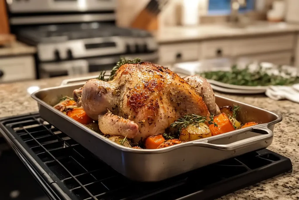 A roasted rotisserie chicken with crispy golden skin, surrounded by roasted vegetables like carrots and potatoes, on a kitchen countertop.