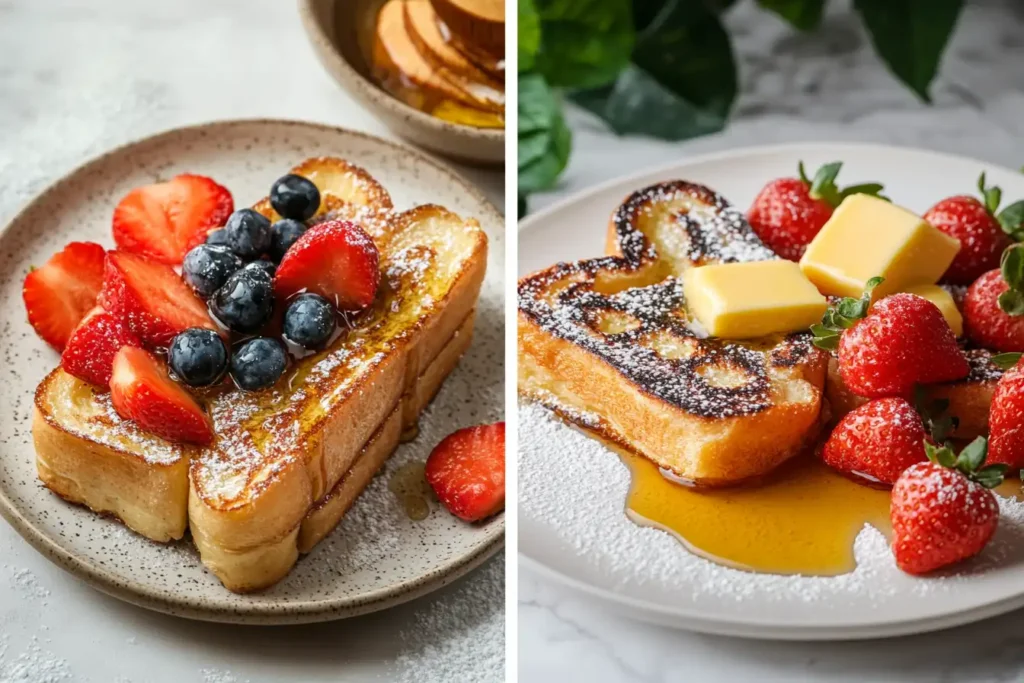 Side-by-side comparison of French toast made with brioche and sourdough bread, topped with fresh strawberries, blueberries, butter, and syrup.