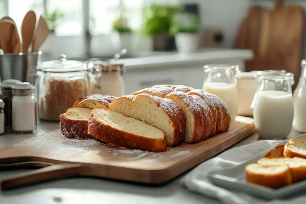 Freshly sliced challah bread dusted with powdered sugar on a wooden cutting board, with jars of milk and ingredients in a bright kitchen setting.