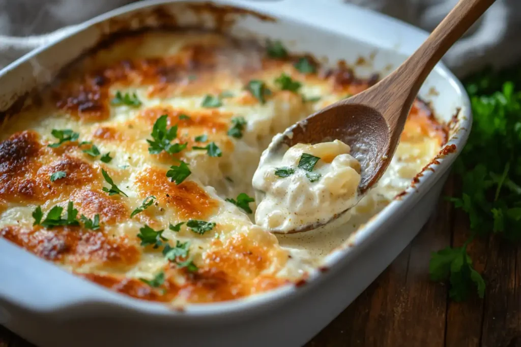 Golden baked mac and cheese with a crispy, bubbly top and fresh parsley garnish, served in a baking dish.