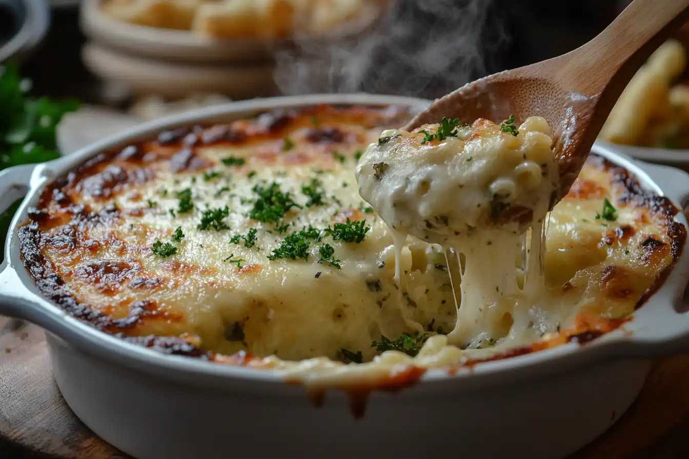 Golden baked mac and cheese with parsley garnish, fresh out of the oven, steaming hot with gooey, melted cheese.