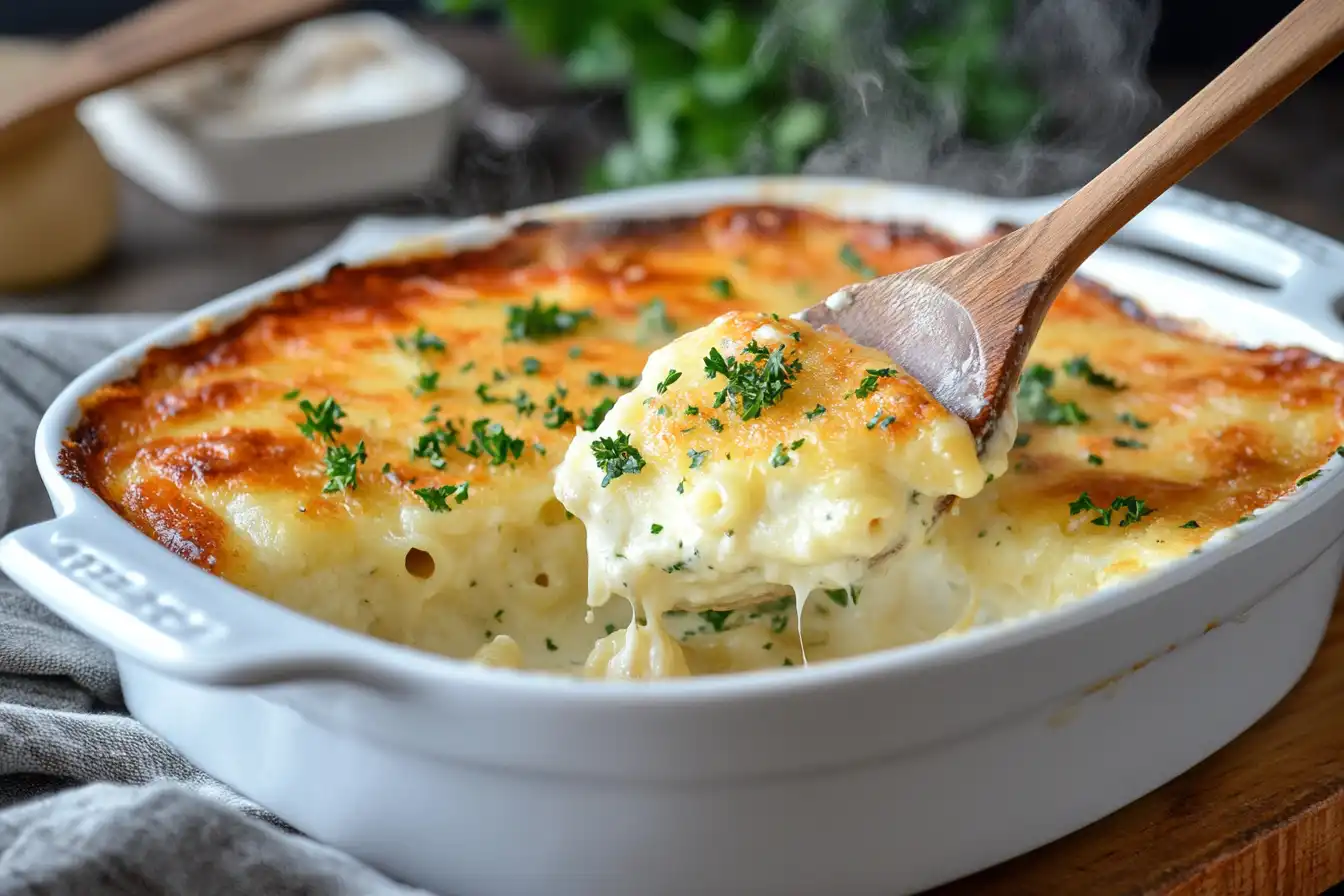 Golden baked mac and cheese garnished with fresh parsley, served in a white baking dish with melted cheese on top.