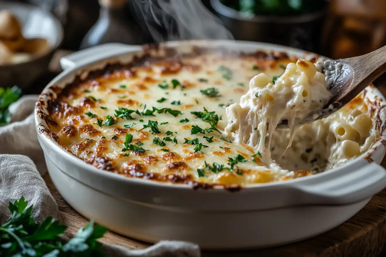 Golden baked mac and cheese in a white casserole dish with bubbling melted cheese and fresh parsley garnish, with a wooden spoon lifting a cheesy serving.