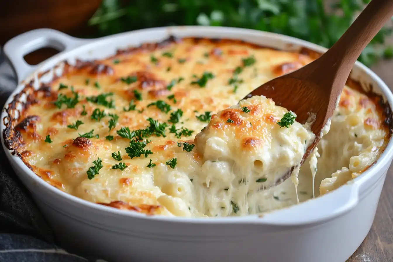 Golden baked mac and cheese fresh out of the oven, with gooey cheese pull and garnished with fresh parsley in a white baking dish.