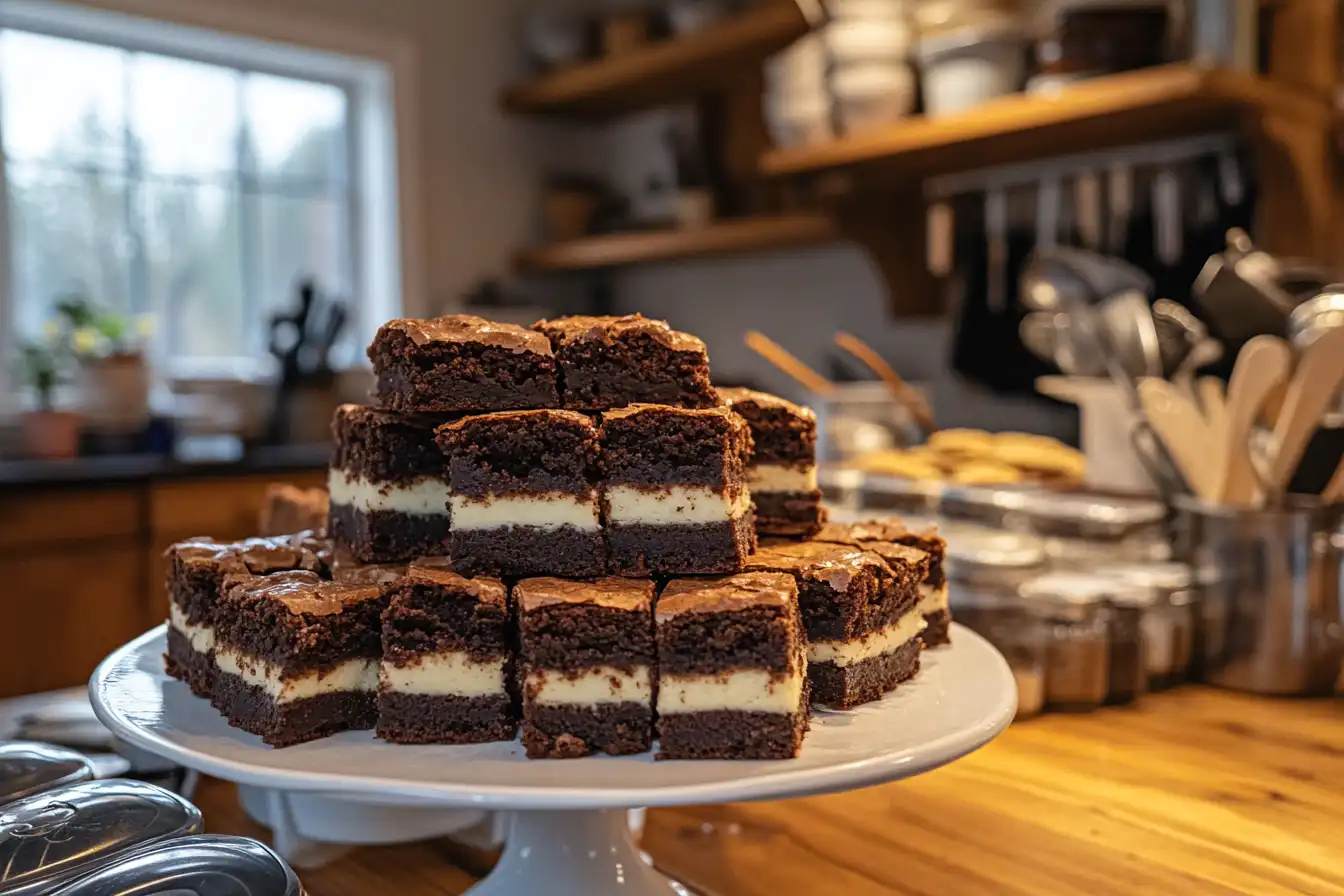 A stack of brookie squares neatly arranged on a white cake stand, featuring layers of fudgy brownie and creamy cookie dough filling. The background showcases a rustic kitchen setting with wooden shelves and jars of ingredients.