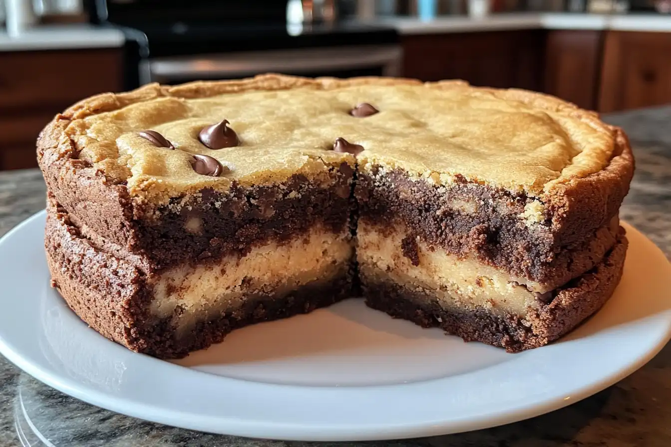 A tall and layered brookie with a rich brownie base, a gooey cookie dough center, and a golden cookie top, studded with chocolate chips. The dessert is sliced to reveal its distinct layers, served on a white plate in a cozy kitchen setting.
