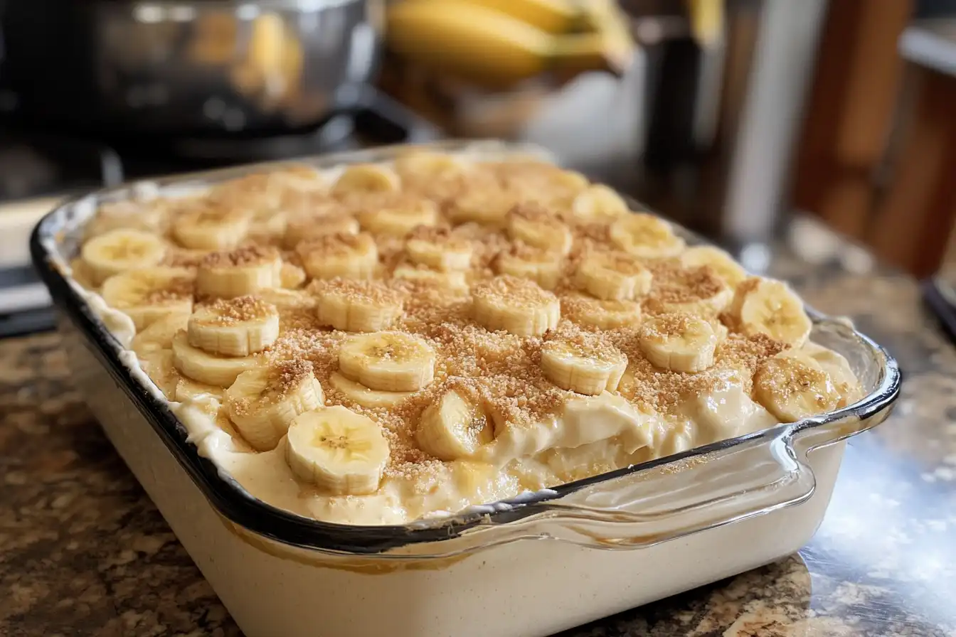 Magnolia-style banana pudding in a glass baking dish, topped with fresh banana slices and a sprinkle of crushed cookies, placed on a granite kitchen countertop with bananas and kitchen tools in the background.