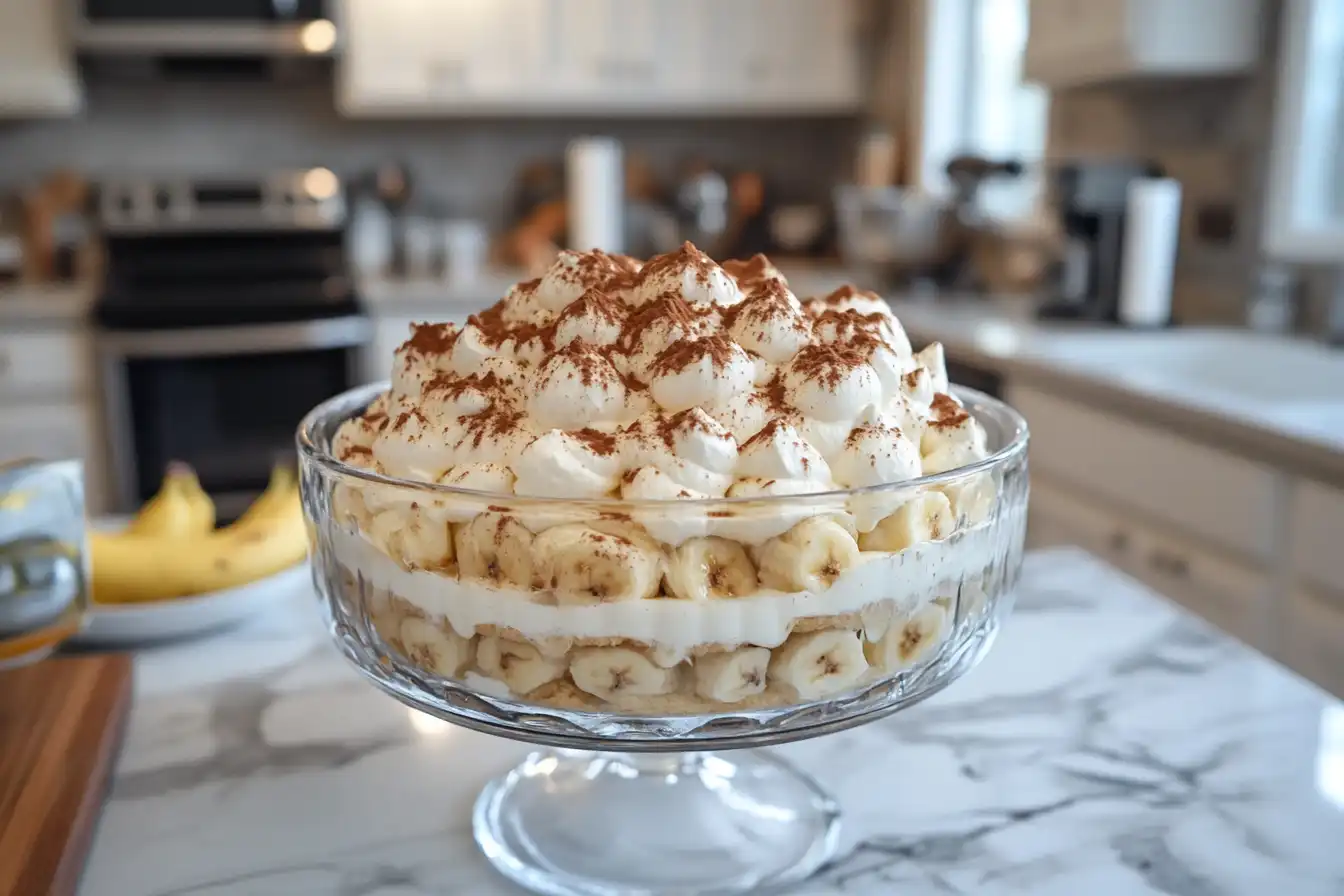 A layered banana pudding served in a glass trifle bowl, topped with whipped cream and a dusting of cocoa powder, displayed on a marble countertop with a bright, modern kitchen in the background.