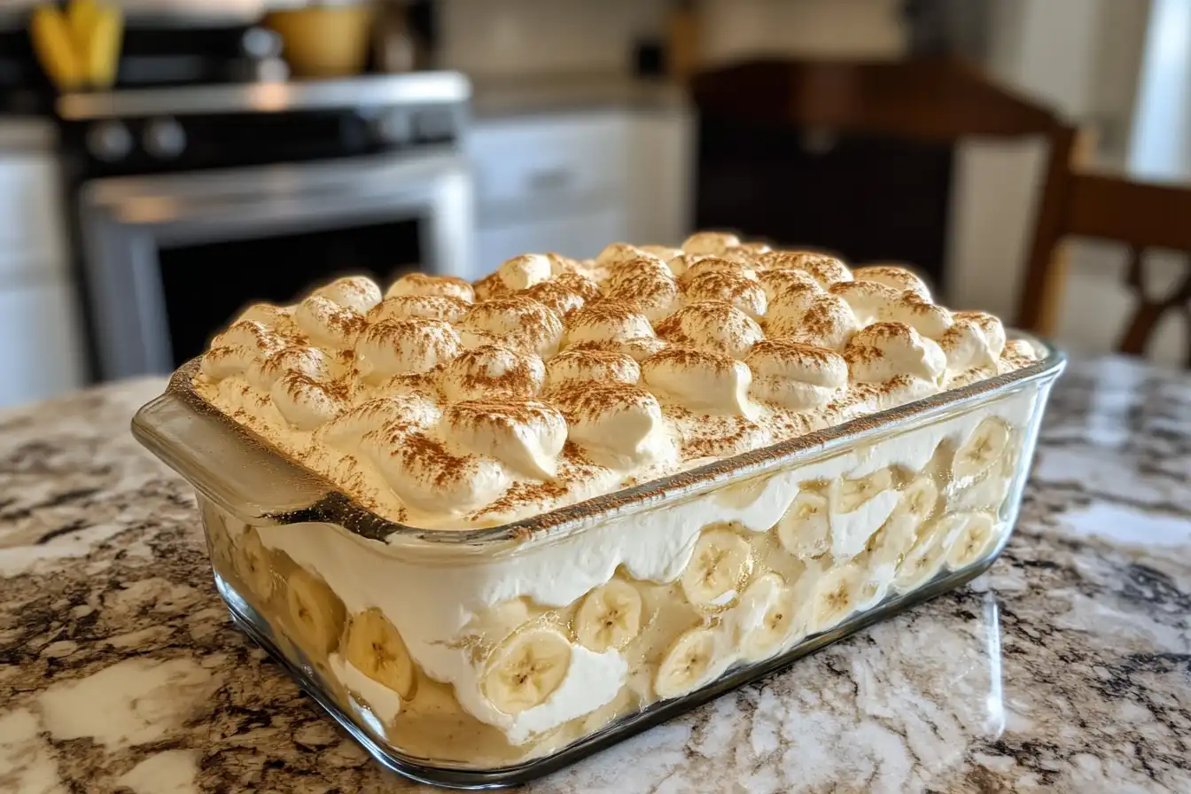 A creamy and indulgent banana pudding in a glass dish, topped with whipped cream and a sprinkle of cinnamon, placed on a marble kitchen countertop with a blurred stove in the background.