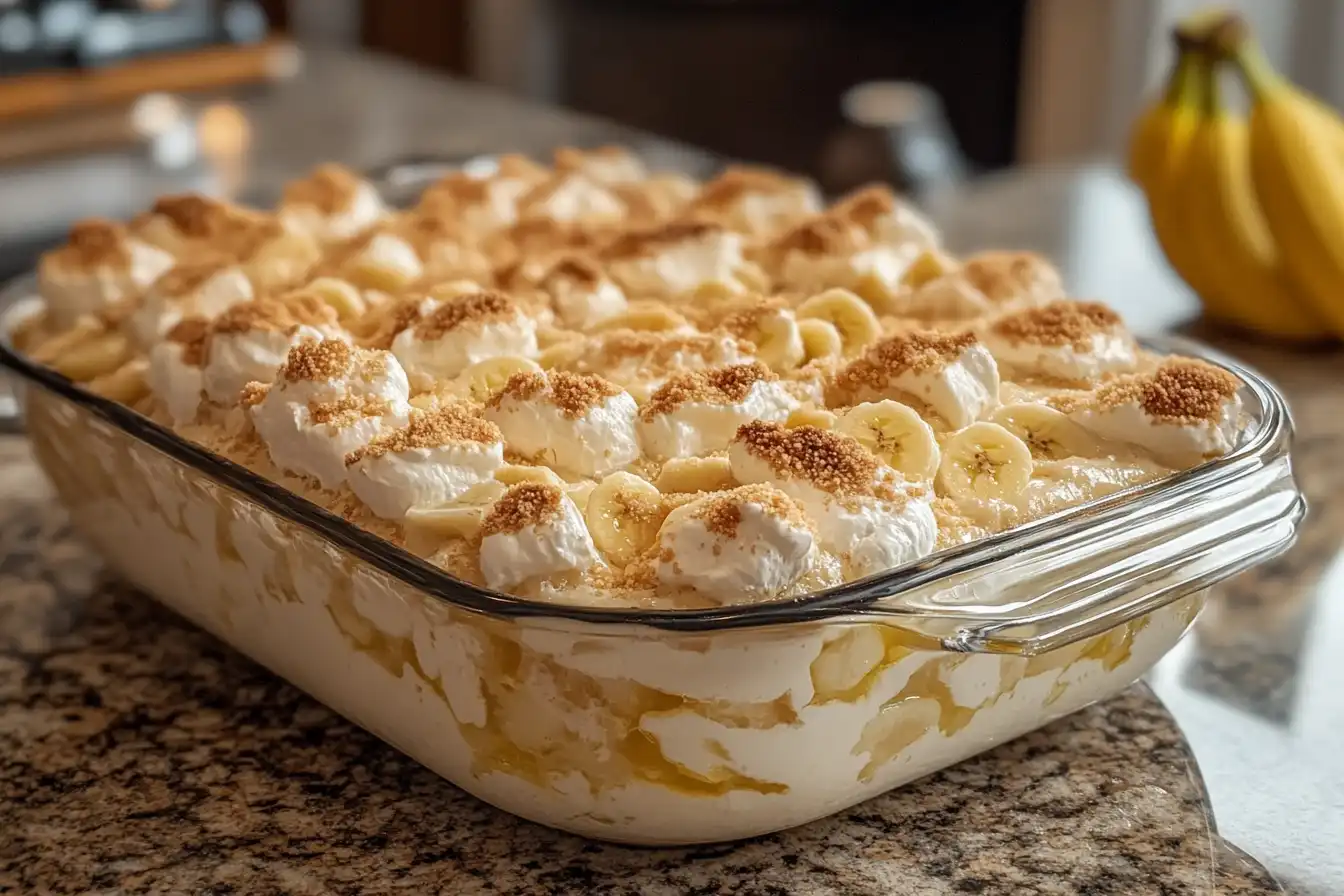 A glass baking dish filled with layered banana pudding, whipped cream, banana slices, and a sprinkle of crushed graham crackers, sitting on a granite kitchen counter with bananas in the background.