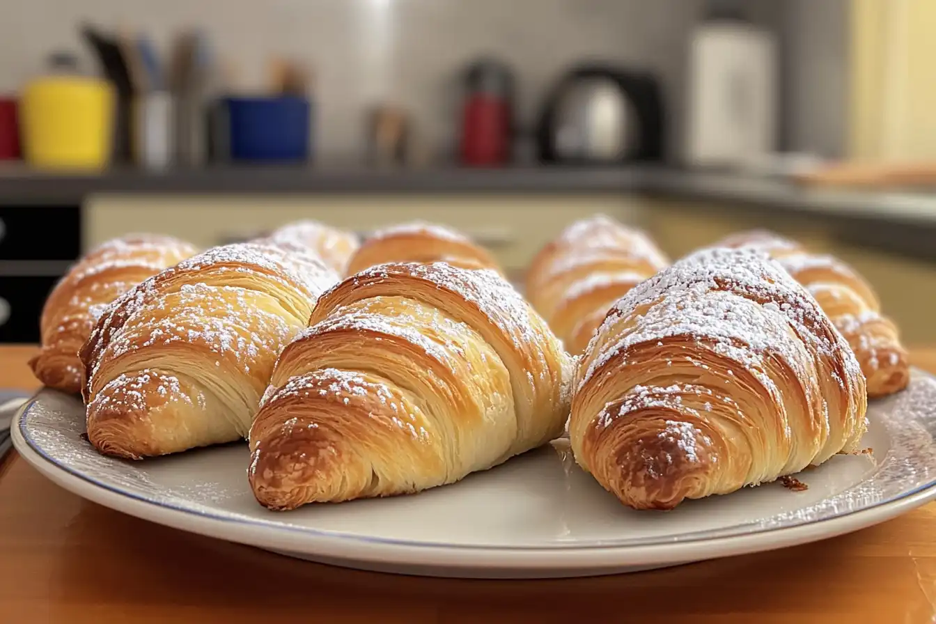Freshly baked golden croissants dusted with powdered sugar, arranged on a white plate in a cozy kitchen setting.