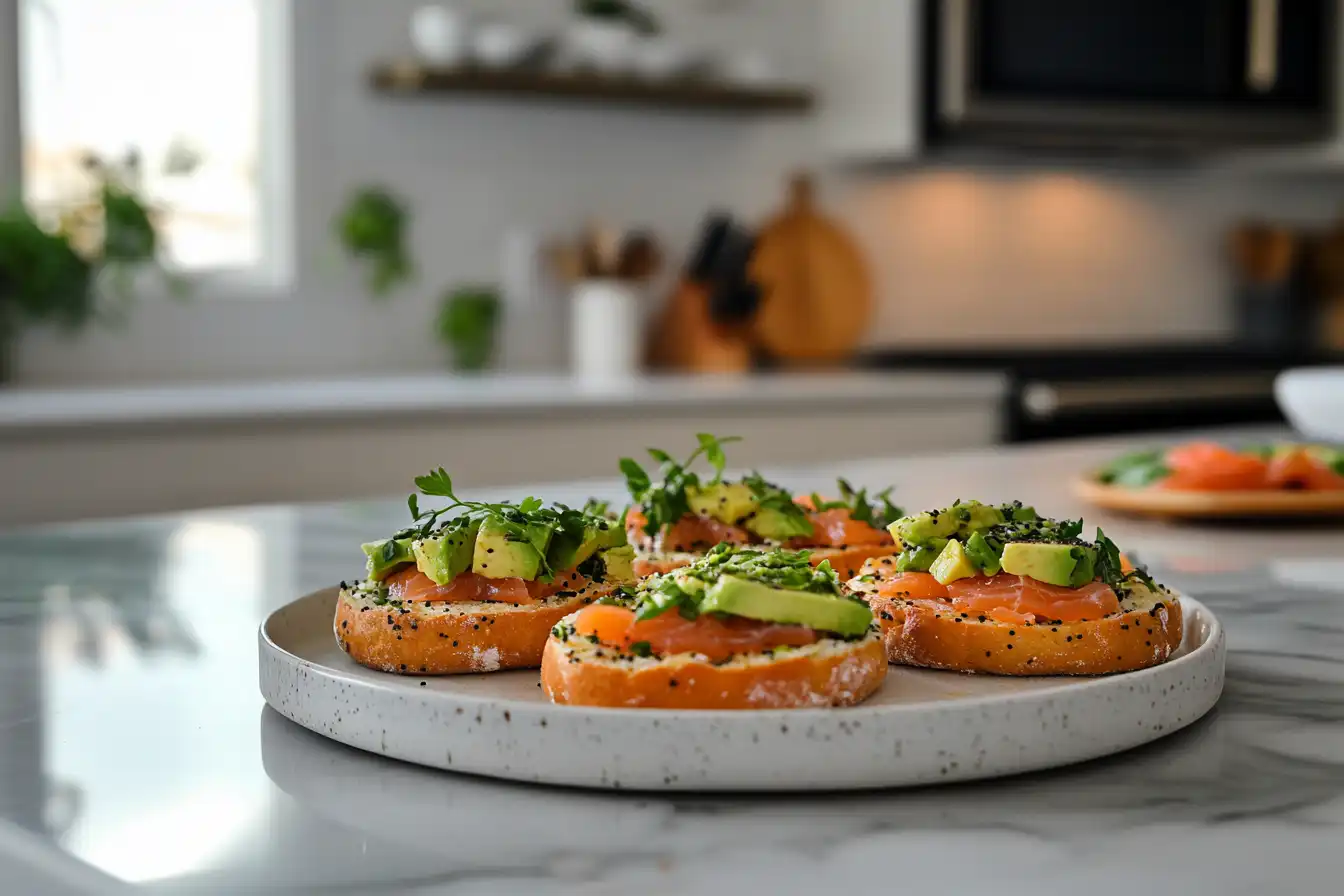 Plate of sourdough bagels topped with avocado, smoked salmon, and fresh herbs, served in a bright, modern kitchen.
