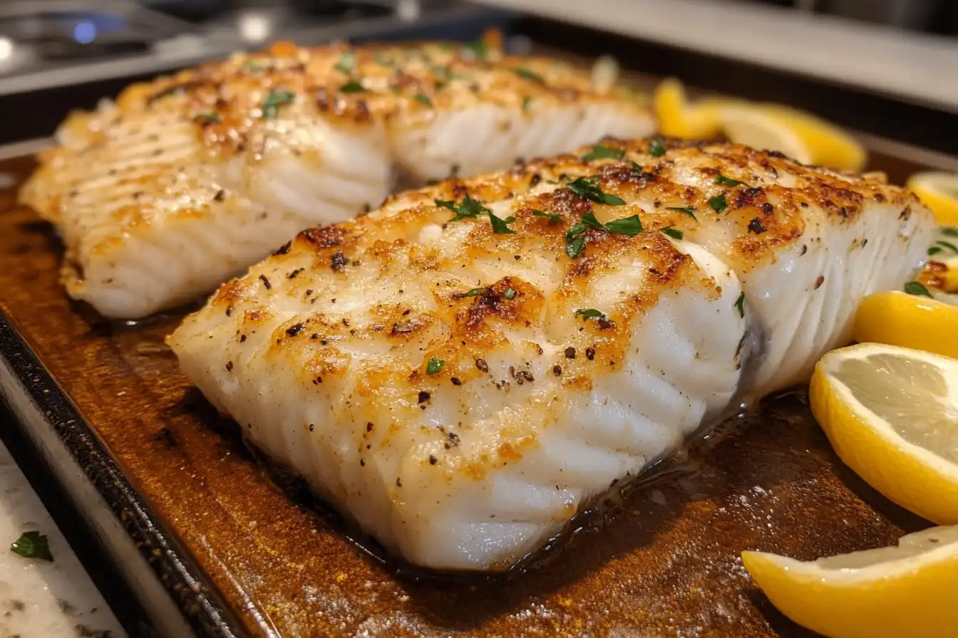 Delicious baked rockfish fillets garnished with parsley and served with lemon wedges on a wooden tray