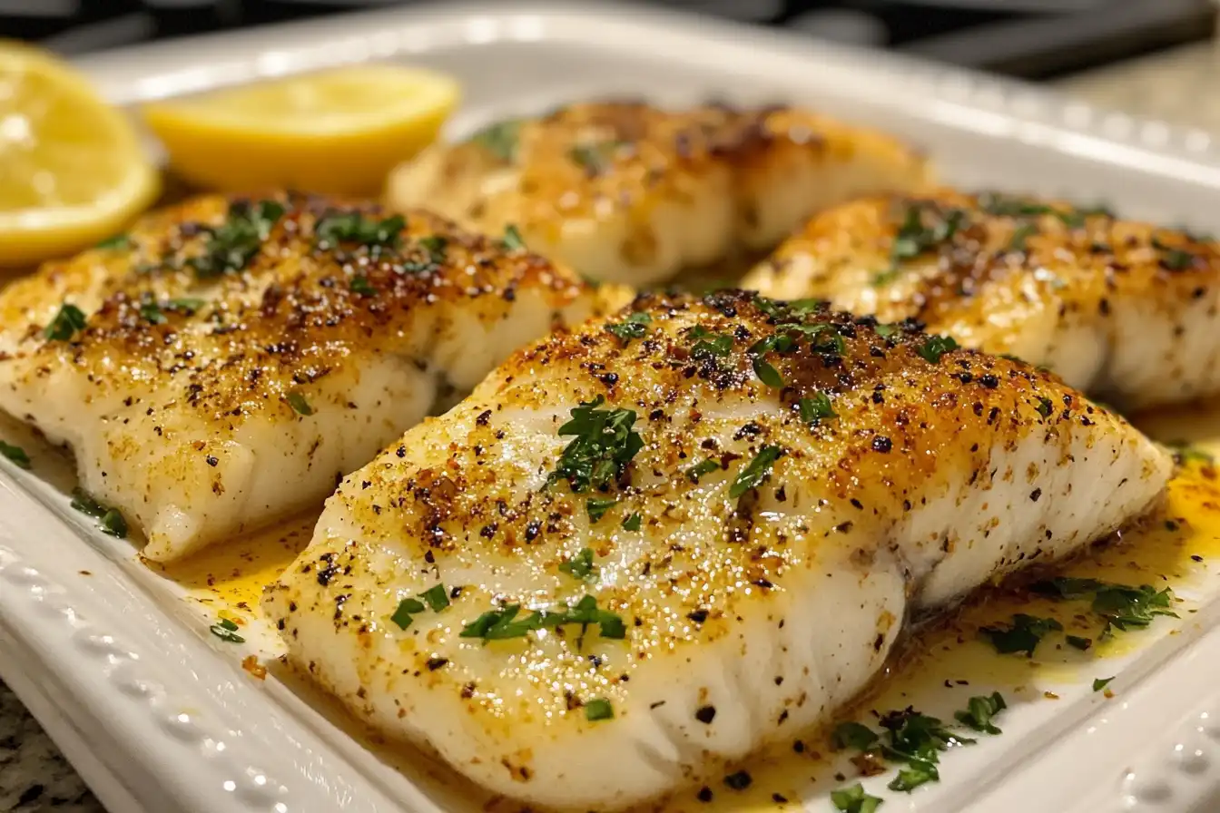 Juicy baked rockfish fillets topped with golden spices and fresh parsley, served with lemon wedges on a white plate.