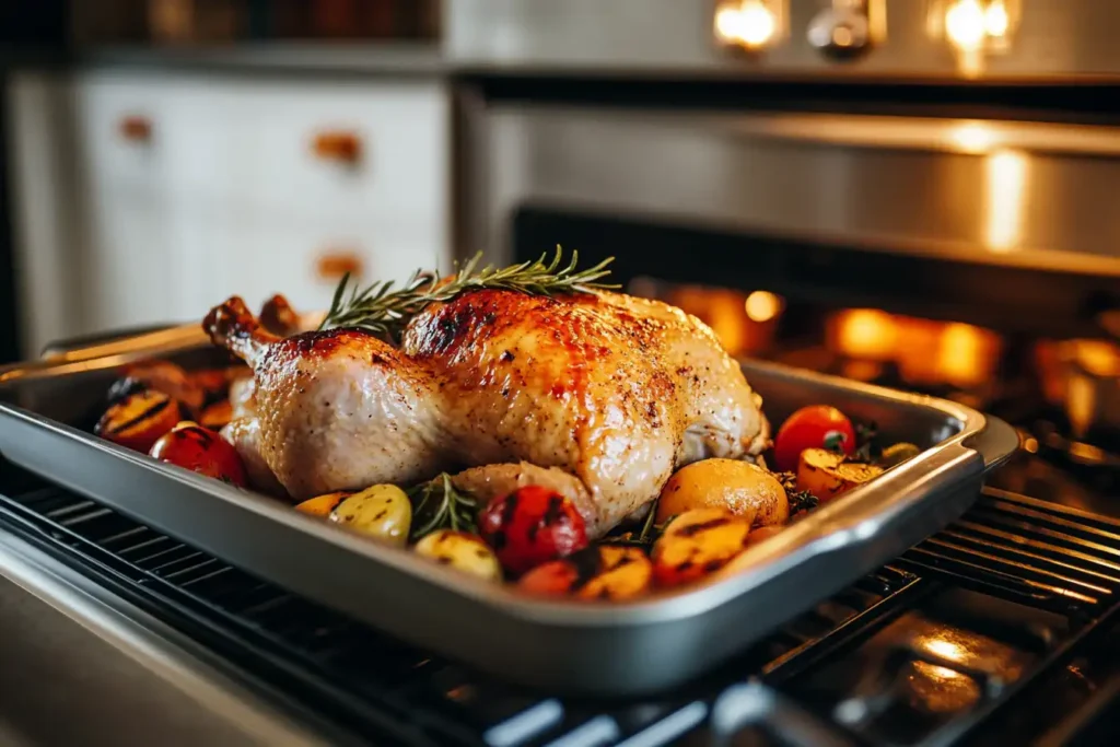 A golden-brown rotisserie chicken garnished with fresh rosemary and vegetables, served on a roasting pan inside a modern kitchen oven.
