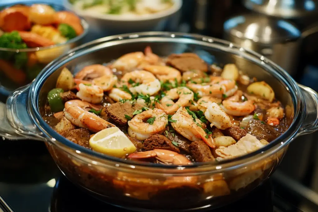 A glass dish filled with a vibrant seafood medley, including shrimp, fish, and vegetables, garnished with fresh herbs and lemon wedges, served alongside side dishes in the background.