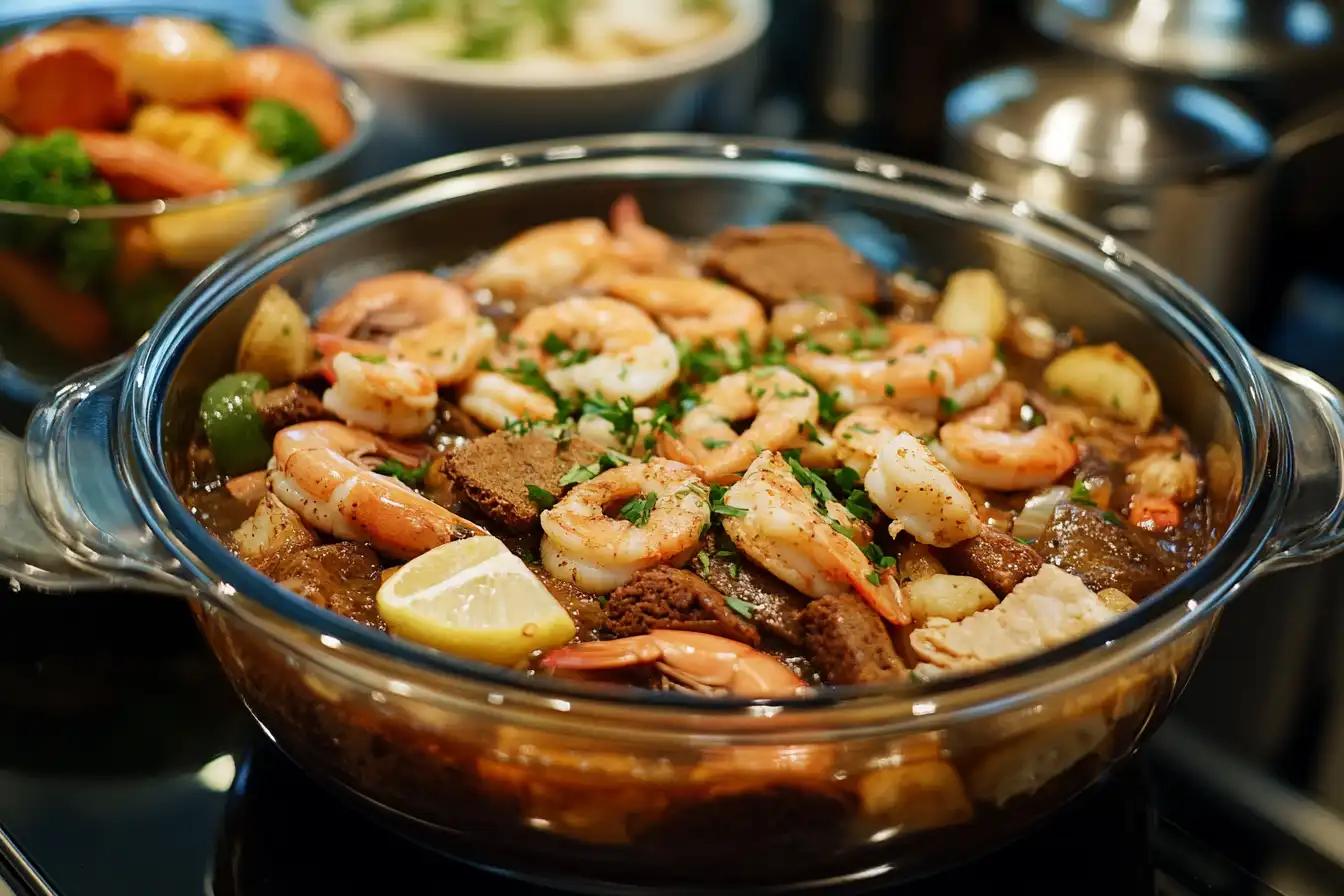 A glass dish filled with a vibrant seafood medley, including shrimp, fish, and vegetables, garnished with fresh herbs and lemon wedges, served alongside side dishes in the background.