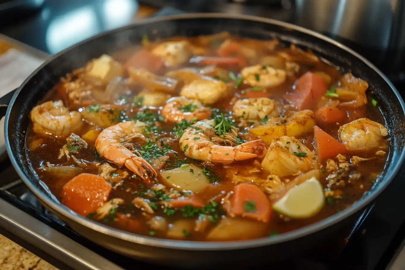 A steaming pot of seafood soup featuring shrimp, potatoes, carrots, and fresh herbs in a rich and aromatic brown broth, cooked on a stovetop.