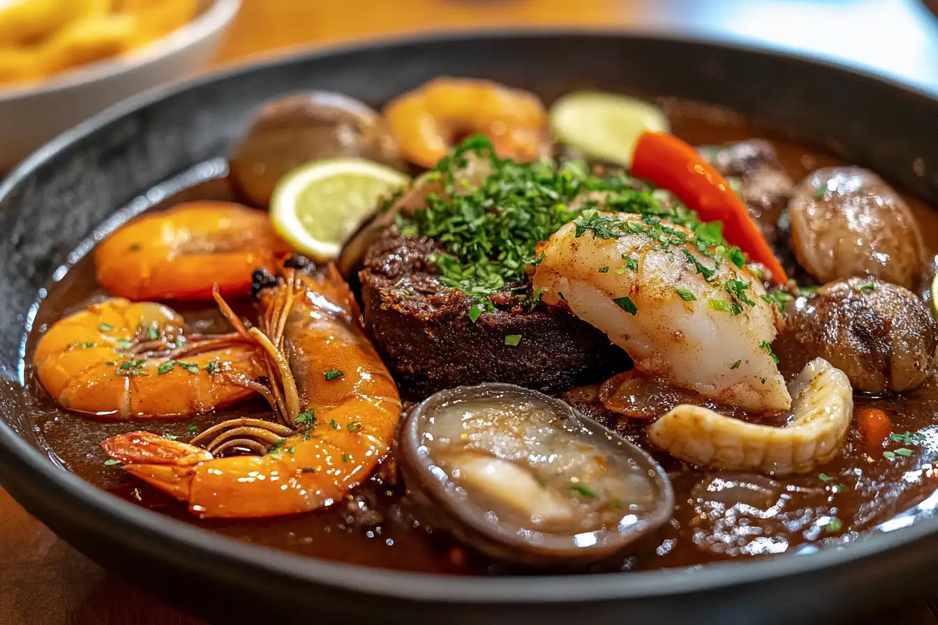 A beautifully plated seafood stew featuring plump shrimp, a tender fish fillet, shellfish, mushrooms, and herbs in a rich brown broth, served in a black bowl.