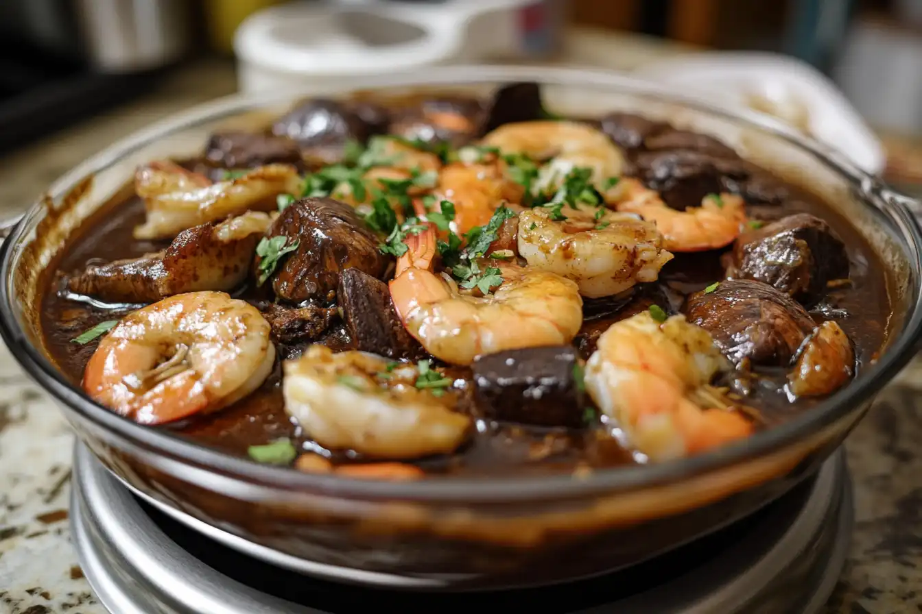 A rich seafood stew served in a glass dish, featuring shrimp, mushrooms, and garnished with fresh herbs, in a thick, flavorful brown sauce.