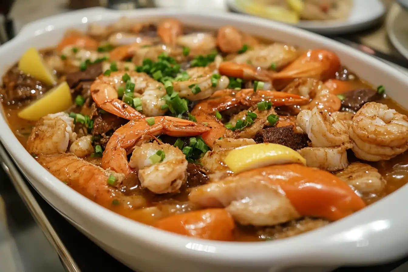 A close-up of a vibrant seafood dish featuring large shrimp, garnished with chopped green onions, lemon wedges, and a rich, savory broth in a white serving dish.
