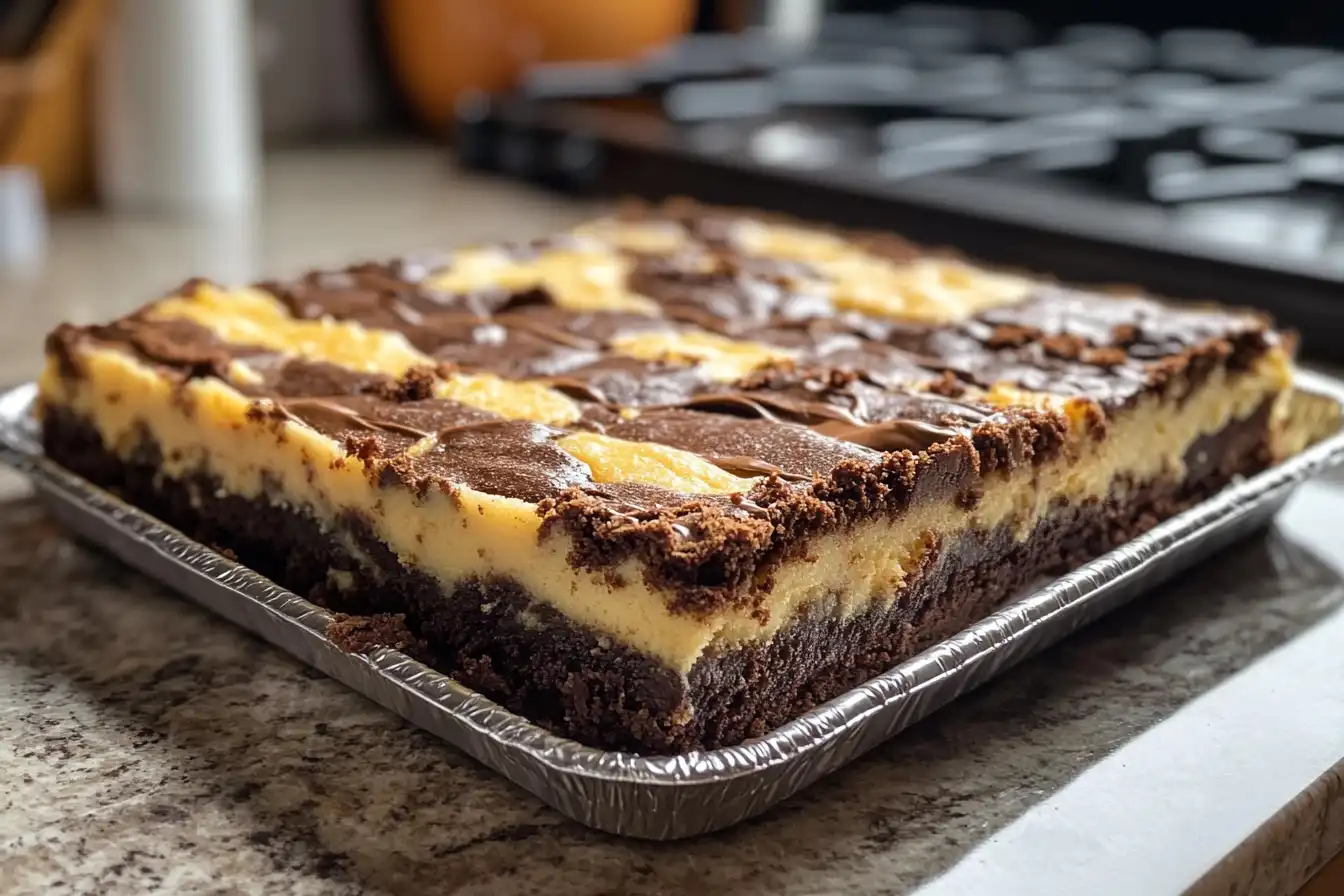 A close-up image of a brookie, a dessert combining layers of brownie and cookie dough, baked to perfection in a rectangular pan on a kitchen counter.