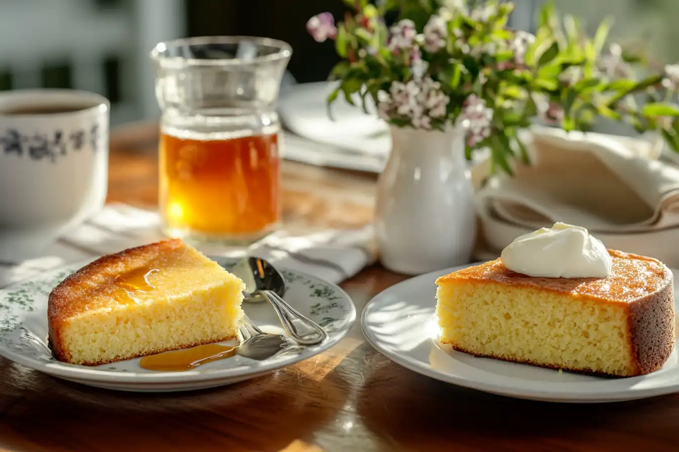 A plate of golden southern cornbread topped with honey and a slice of northern sweet cornbread with whipped cream, served on a rustic table.