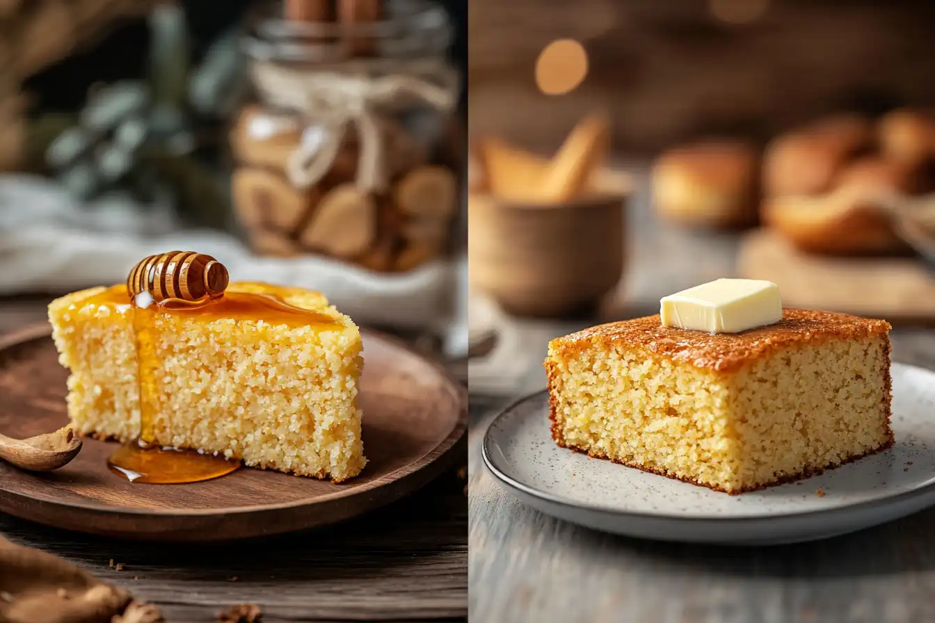Two cornbread slices side by side: one made with milk featuring a golden crumbly texture, and the other with buttermilk, showcasing a moist and rich texture.