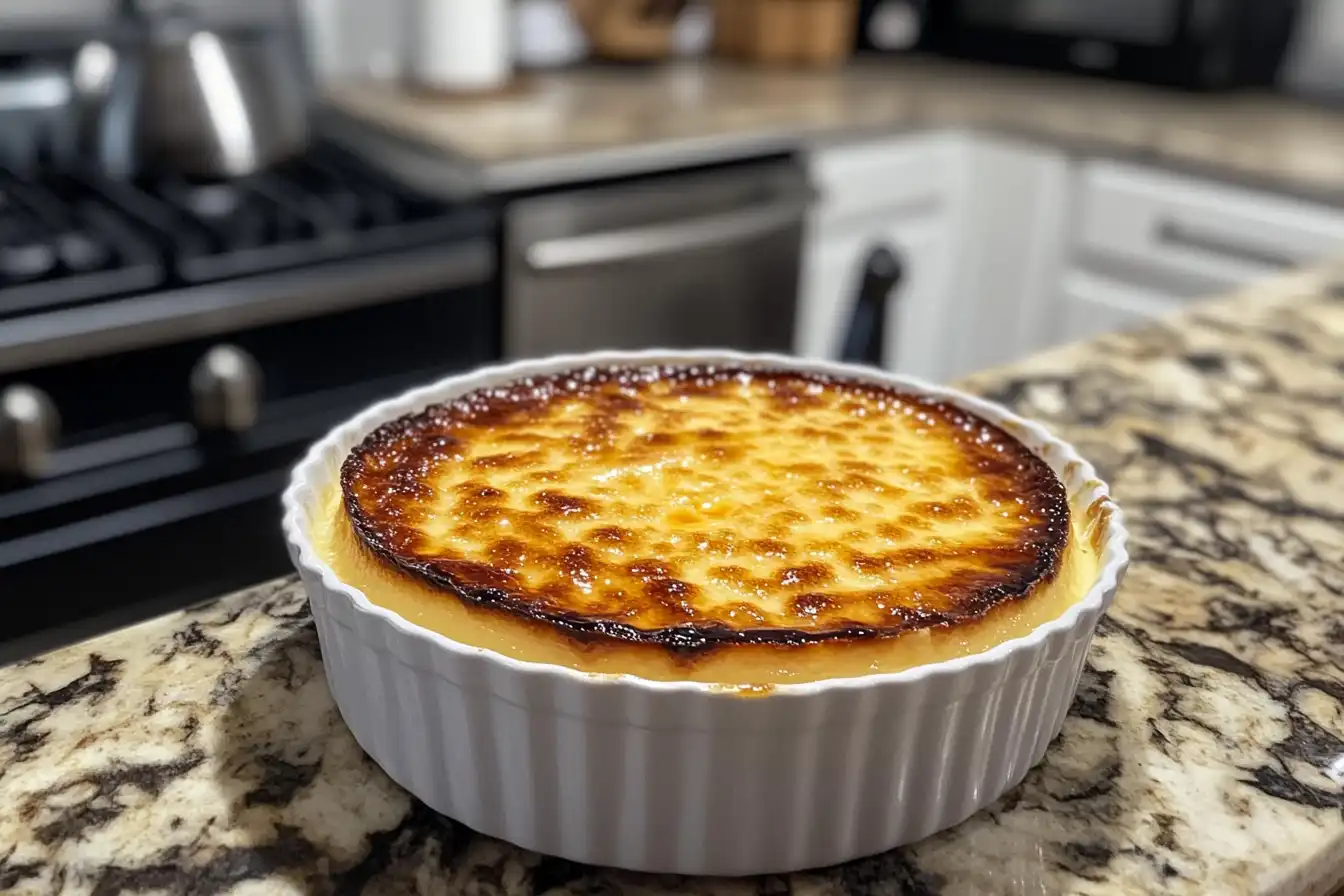 A golden-brown crème brûlée with a caramelized top served in a white ramekin, placed on a granite countertop in a kitchen setting.