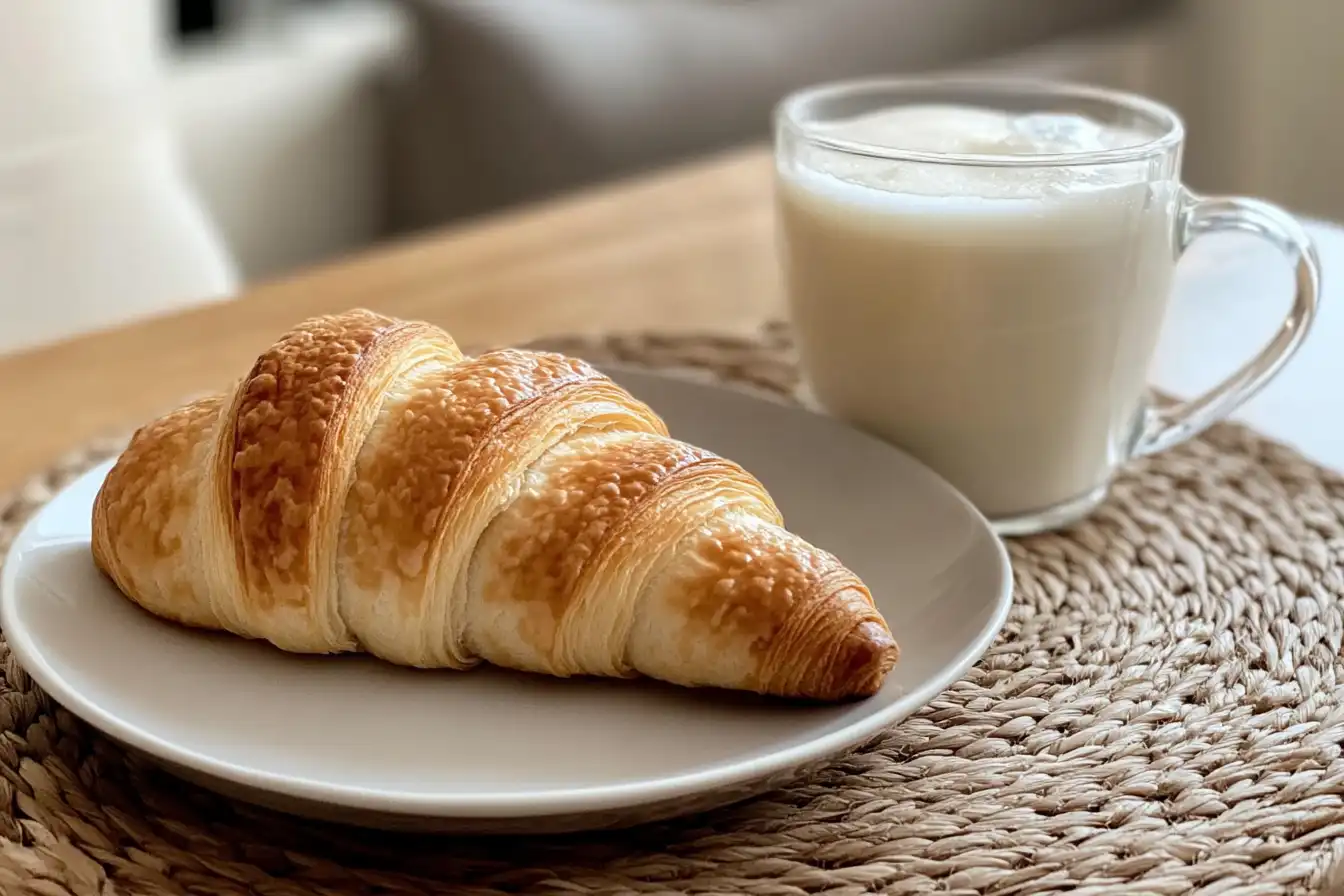 Two golden, flaky croissants served on white plates, placed on a bright, clean table with soft natural light.