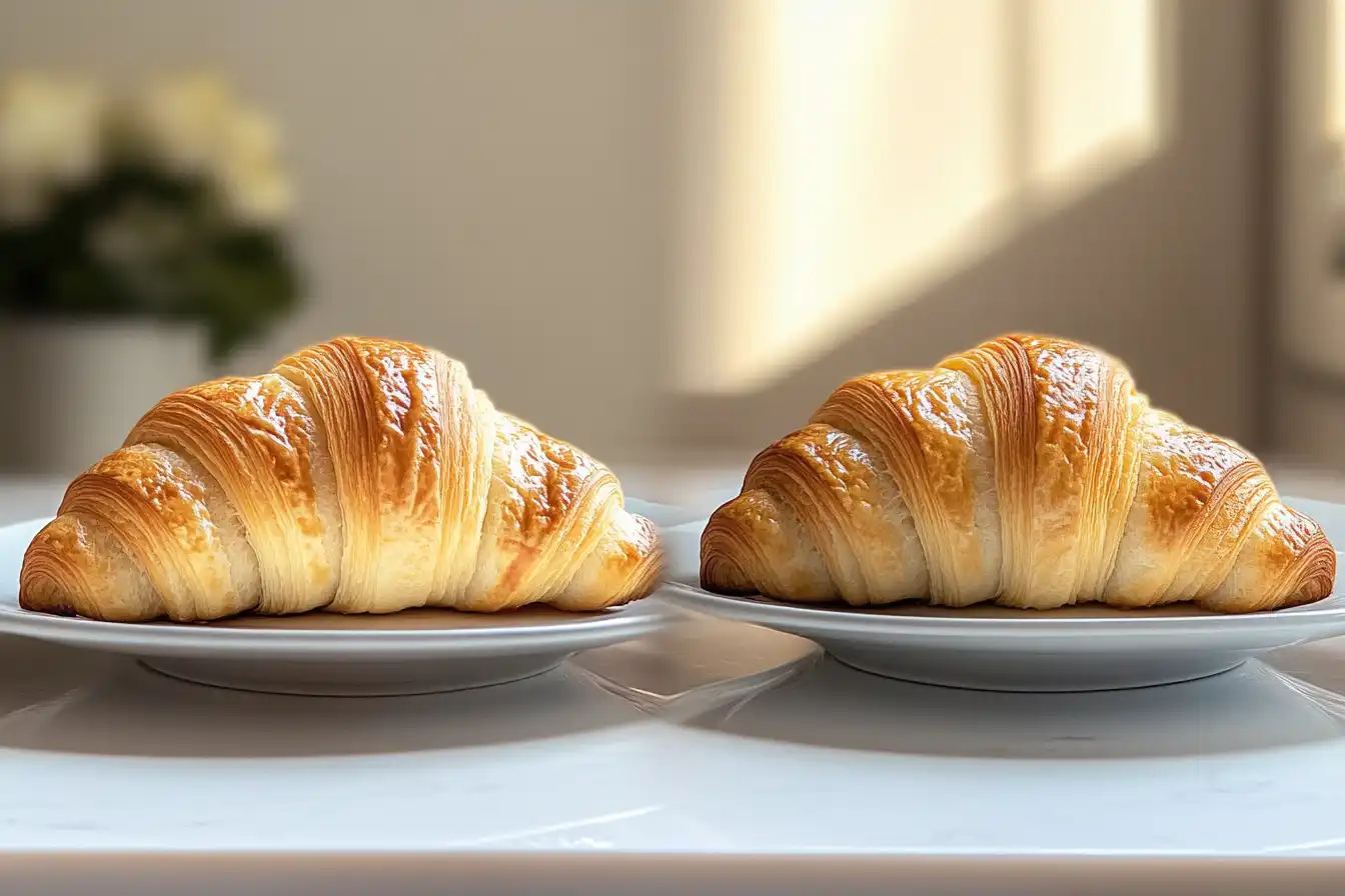 Two golden, flaky croissants served on white plates, placed on a bright, clean table with soft natural light.