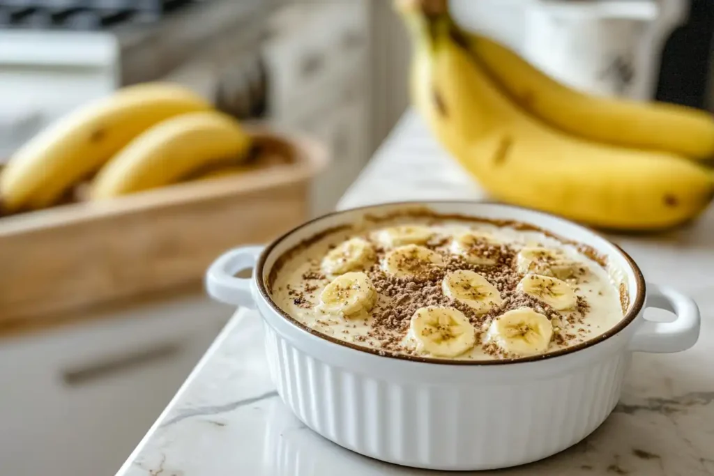 A white ceramic dish filled with banana pudding topped with fresh banana slices and sprinkled with chocolate shavings, placed on a marble countertop with ripe bananas in the background.