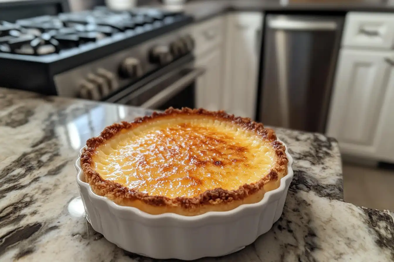 A close-up view of crème brûlée with a golden caramelized sugar topping in a white ramekin.