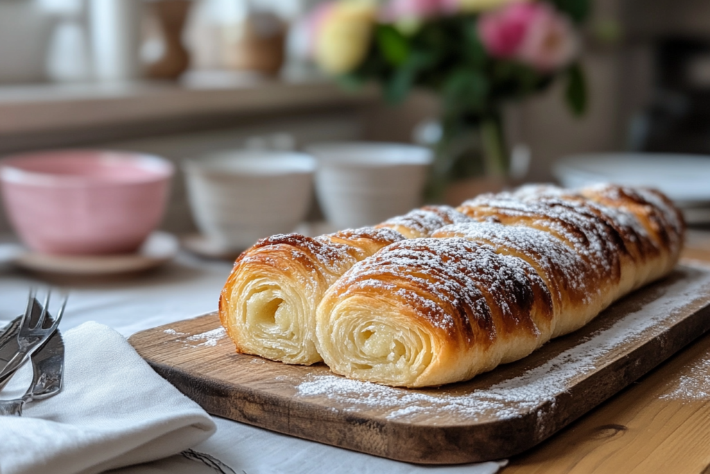 Two flaky pastries dusted with powdered sugar, served on a wooden board in a cozy breakfast setting with cups and flowers in the background.