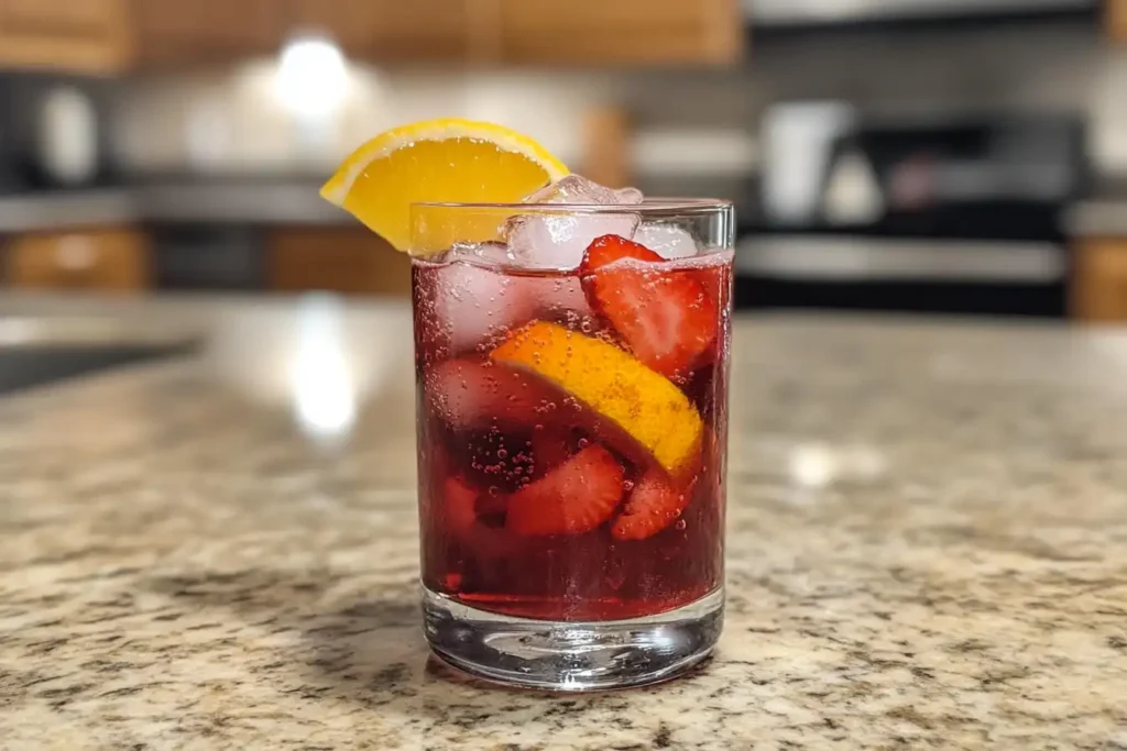 A refreshing drink in a clear glass, featuring a deep red liquid with ice cubes, fresh strawberries, orange slices, and a garnish of an orange wedge on the rim.