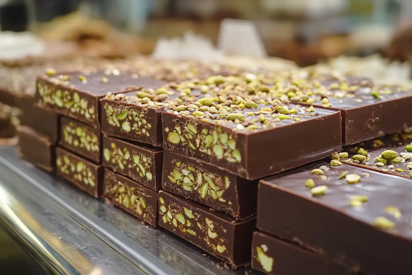 Close-up view of stacked chocolate bars with pistachios, showcasing a glossy finish and nutty texture in a display case.